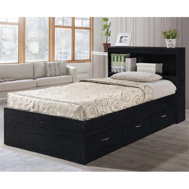 Hodedah Twin Size Captain Bed with 3 Drawers and Headboard in Black Wood