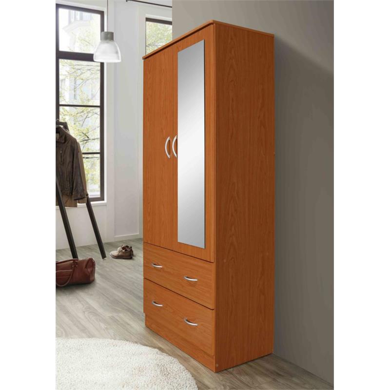 Hodedah 2 Door Armoire with 2 Drawers Clothing Rod and Mirror in Cherry Wood