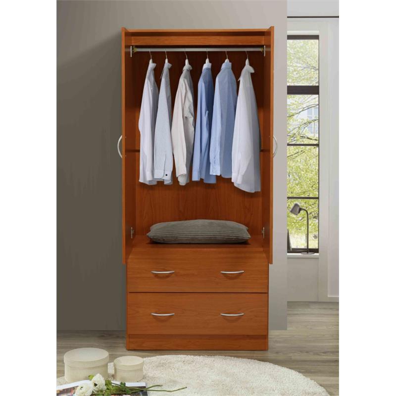 Hodedah 2 Door Armoire with 2 Drawers Clothing Rod and Mirror in Cherry Wood