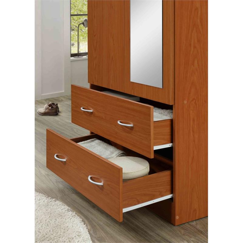 Hodedah 2 Door Armoire with 2 Drawers Clothing Rod and Mirror in Cherry Wood