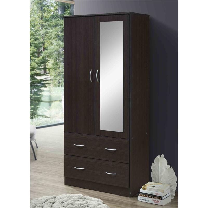 Hodedah 2 Door Armoire with 2 Drawers Clothing Rod and Mirror in Chocolate Wood