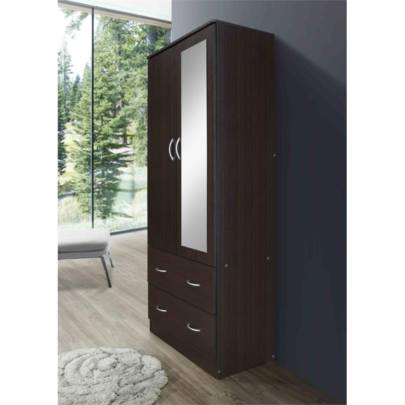Hodedah 2 Door Armoire with 2 Drawers Clothing Rod and Mirror in Chocolate Wood