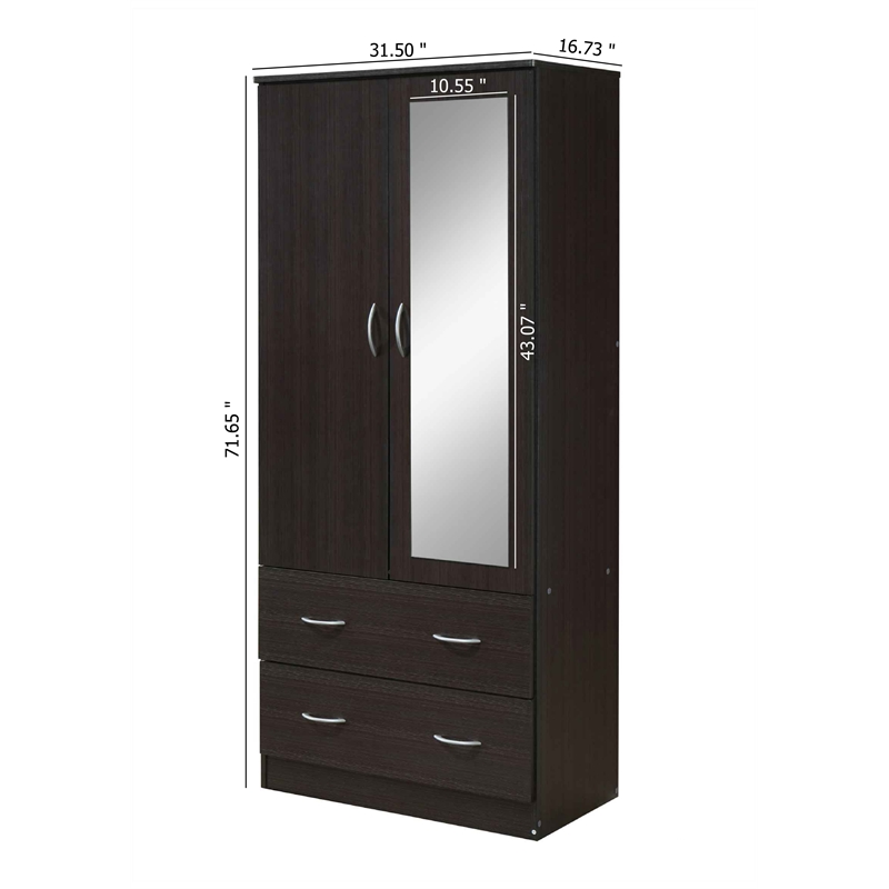 Hodedah 2 Door Armoire with 2 Drawers Clothing Rod and Mirror in Chocolate Wood