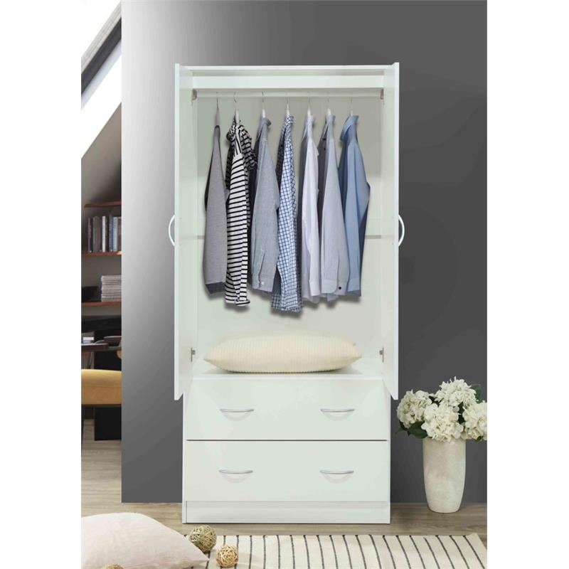 Hodedah 2-Door Armoire with 2-Drawers and Clothing Rod plus Mirror in White Wood