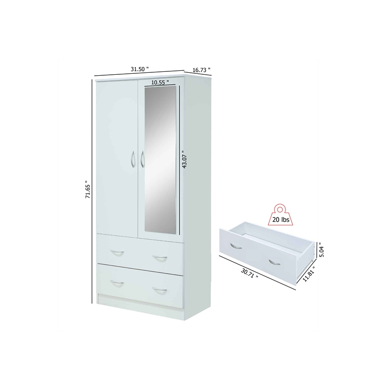 Hodedah 2-Door Armoire with 2-Drawers and Clothing Rod plus Mirror in White Wood