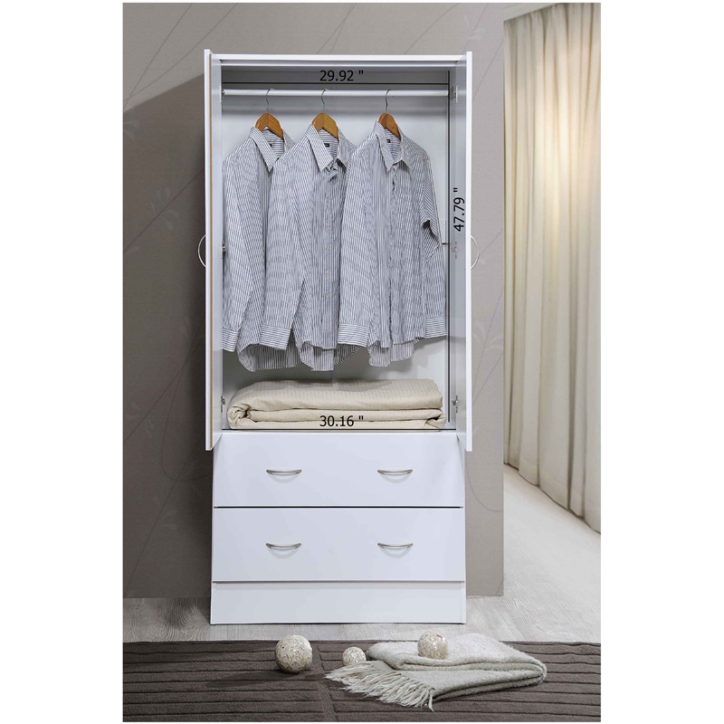 Hodedah 2-Door Armoire with 2-Drawers and Clothing Rod plus Mirror in White Wood