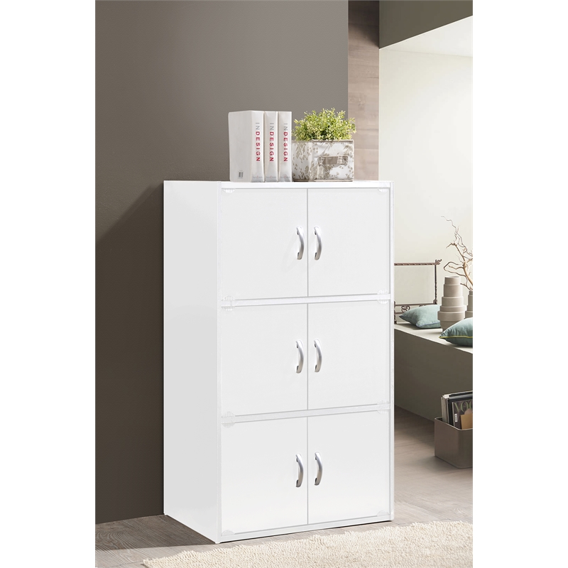 Hodedah 3 Shelf 6 Door Multi-Purpose Wooden Bookcase in White Finish