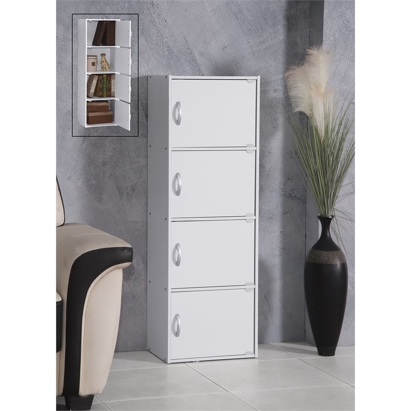 Hodedah 4 Shelf 4 Door Multi-Purpose Wooden Bookcase in White Finish