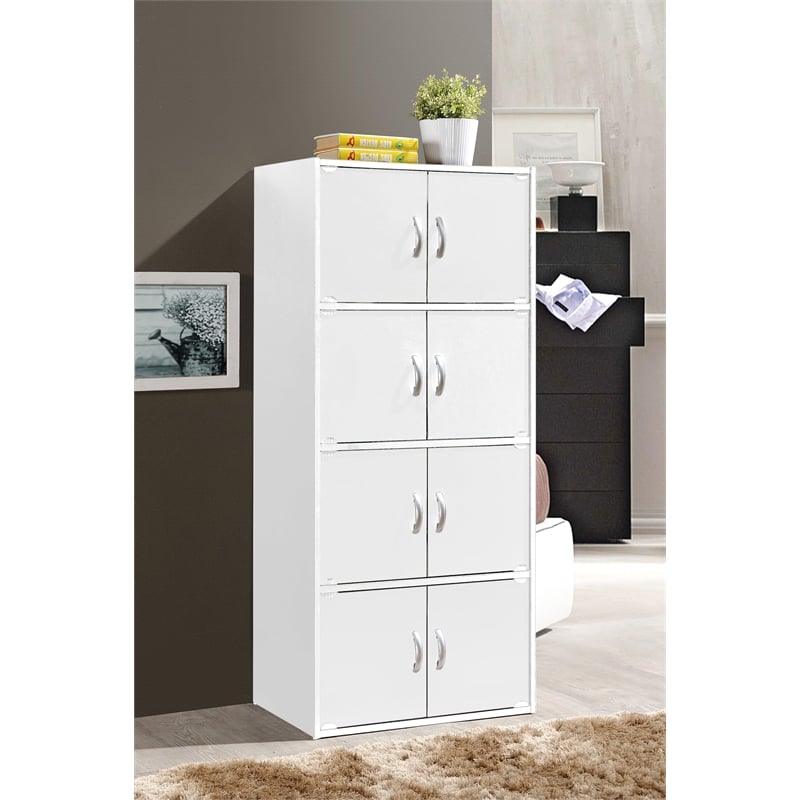 Hodedah 4 Shelf 8 Door Versatil Wooden Bookcase Cabinet in White Finish