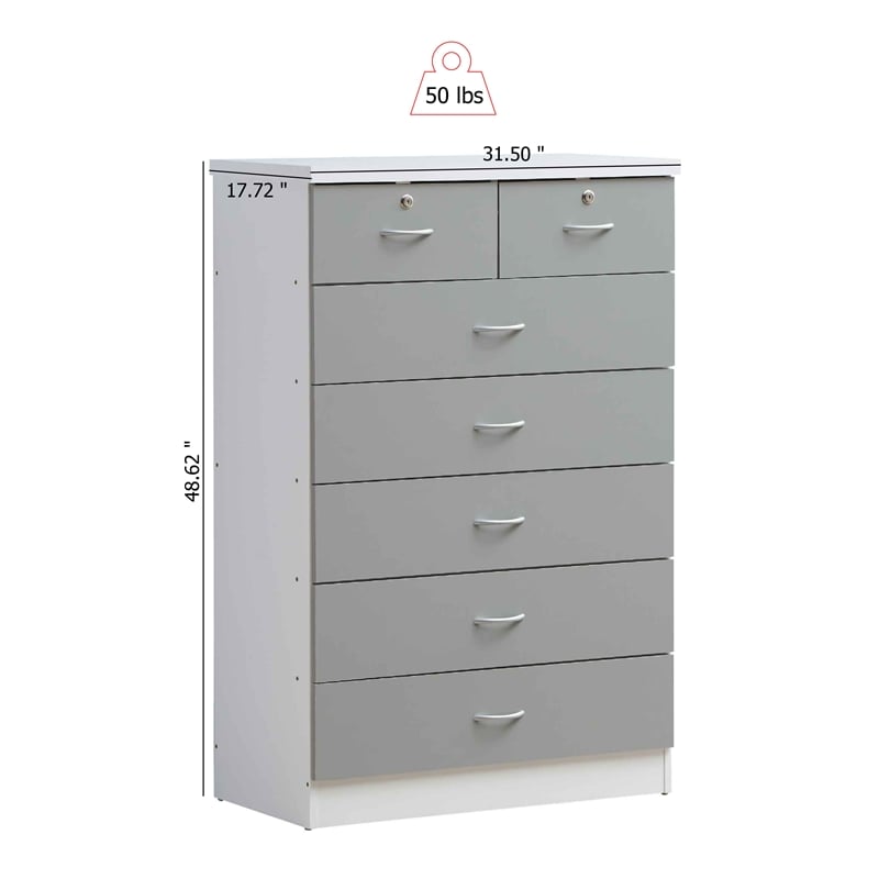 Hodedah 7 Drawer Chest with Locks on 2 Top Drawers in Gray Wood