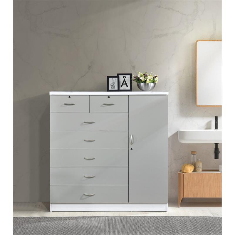 Hodedah 7 Drawer Chest with Locks on 2 Drawers and 1 Door in Gray Wood