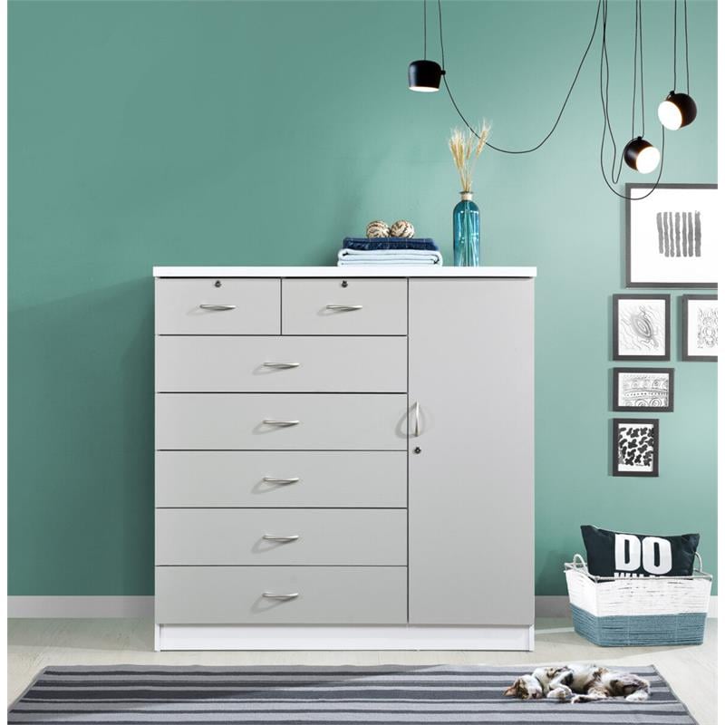 Hodedah 7 Drawer Chest with Locks on 2 Drawers and 1 Door in Gray Wood
