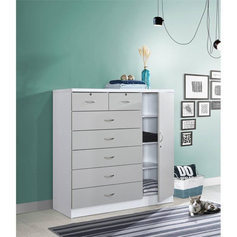 Hodedah 7 Drawer Chest with Locks on 2 Drawers and 1 Door in Gray Wood