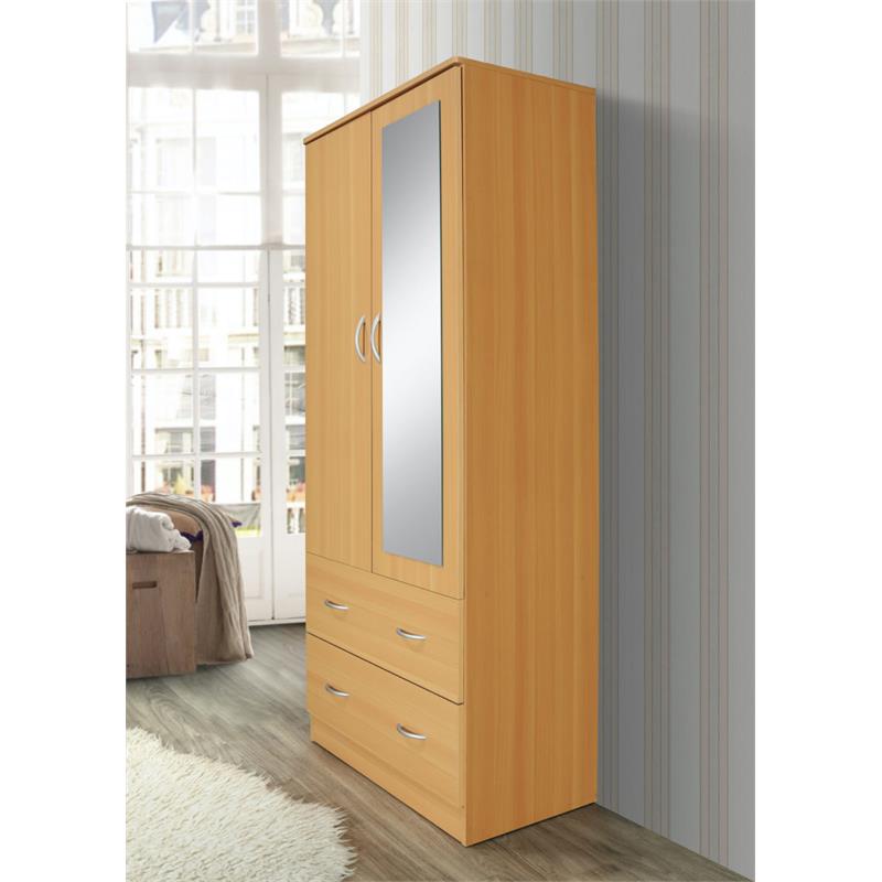 Hodedah 2-Door Armoire with 2-Drawers and Clothing Rod plus Mirror in Beige Wood