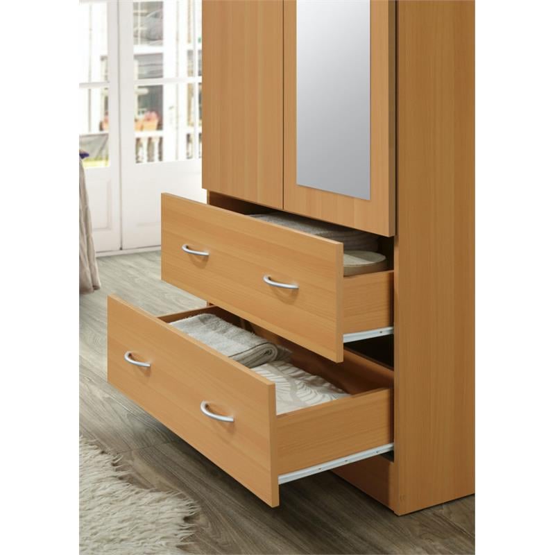 Hodedah 2-Door Armoire with 2-Drawers and Clothing Rod plus Mirror in Beige Wood