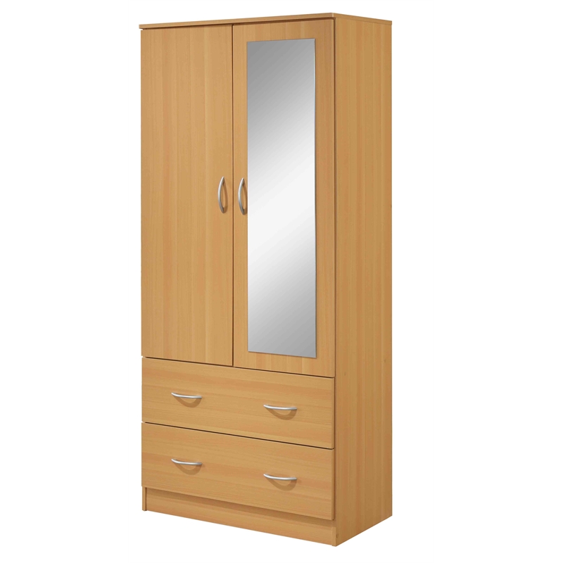 Hodedah 2-Door Armoire with 2-Drawers and Clothing Rod plus Mirror in Beige Wood