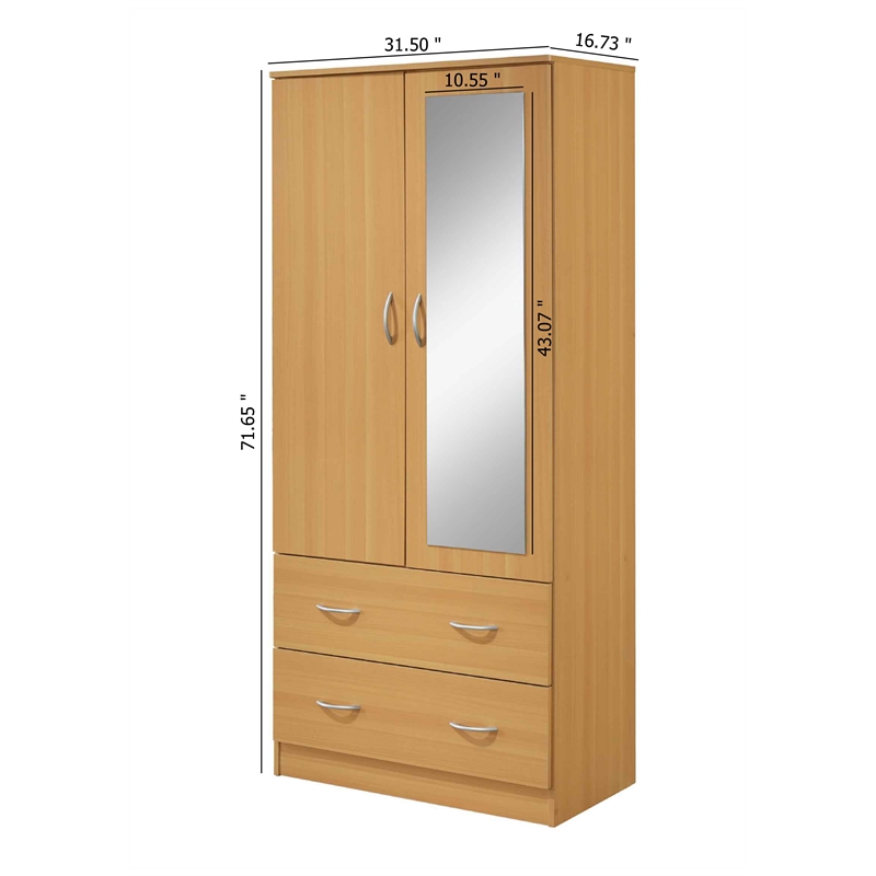 Hodedah 2-Door Armoire with 2-Drawers and Clothing Rod plus Mirror in Beige Wood