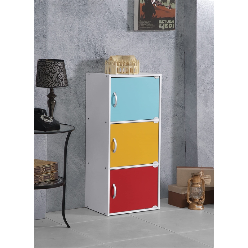 Hodedah 3 Shelf 3 Door Multi-Purpose Wooden Bookcase in Multi-color Finish