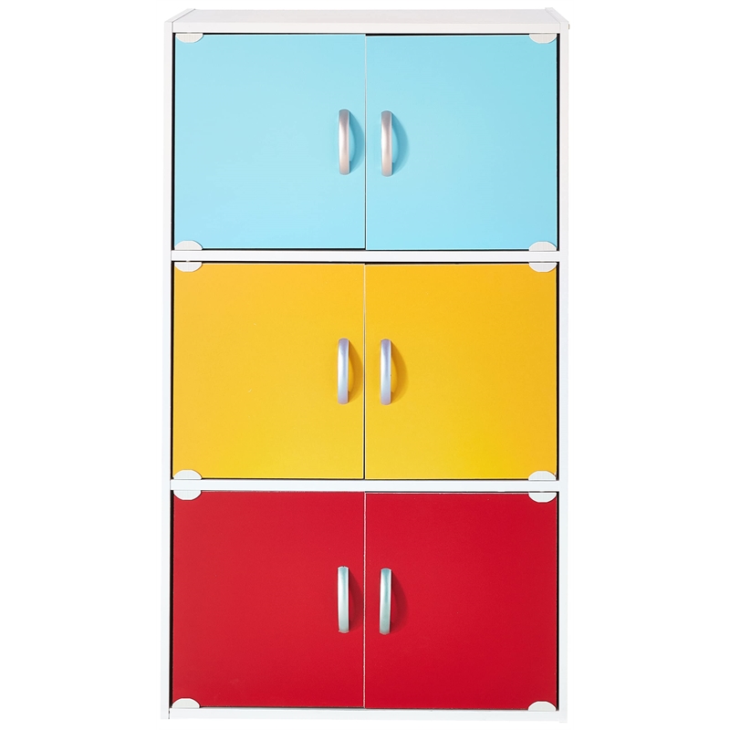 Hodedah 3 Shelf 6 Door Multi-Purpose Wooden Bookcase in Multi-color Finish