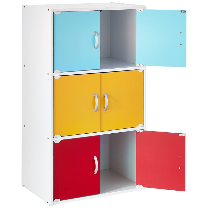 Hodedah 3 Shelf 6 Door Multi-Purpose Wooden Bookcase in Multi-color Finish