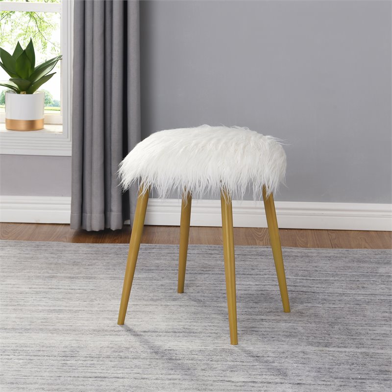 Carolina Classics Madison Faux Fur and Metal Ottoman in White Fur and Gold
