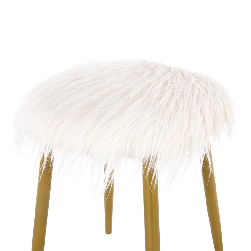 Carolina Classics Madison Faux Fur and Metal Ottoman in White Fur and Gold