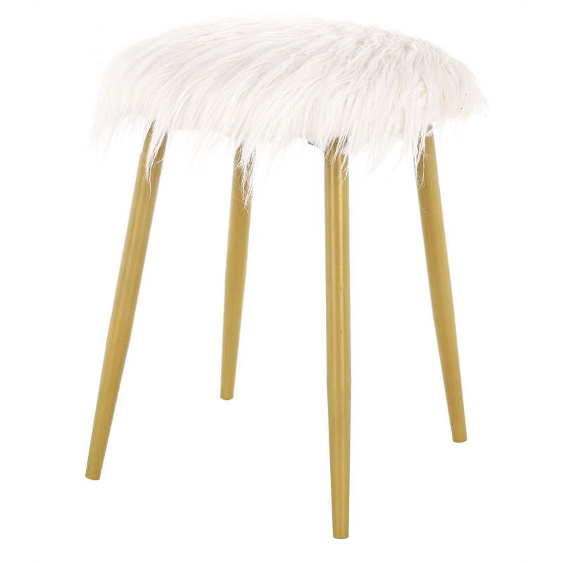 Carolina Classics Madison Faux Fur and Metal Ottoman in White Fur and Gold