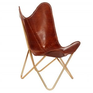 Carolina Classics Monroe Leather Butterfly Chair in Brown and Gold