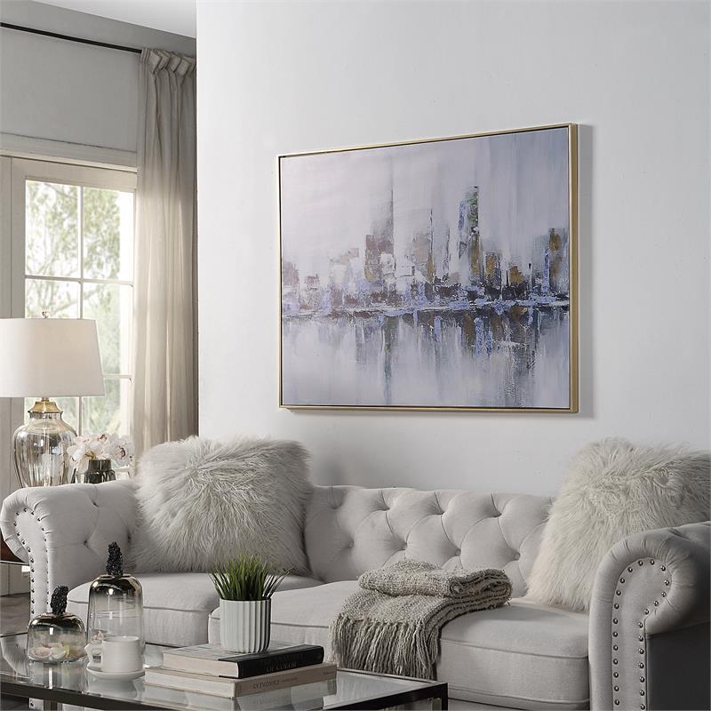 Carolina Classics Cityscape Abstract Wall Art 36 x 47 with Gold Frame in Teal