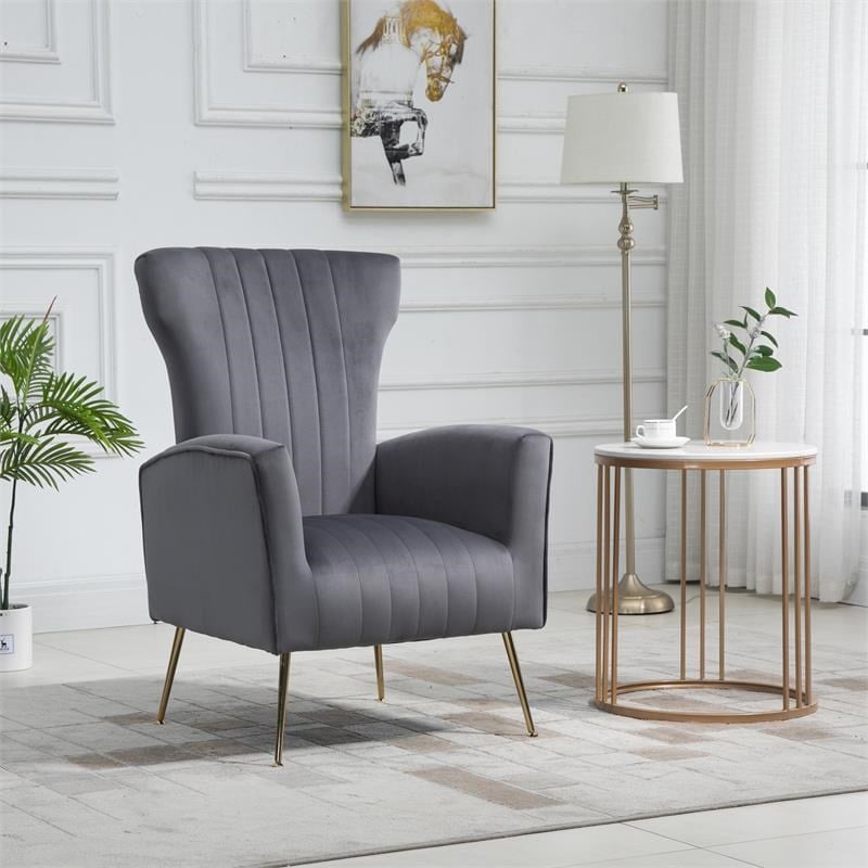 Carolina Classics Cela Gray Velvet Upholstered Wingback Chair with Gold legs