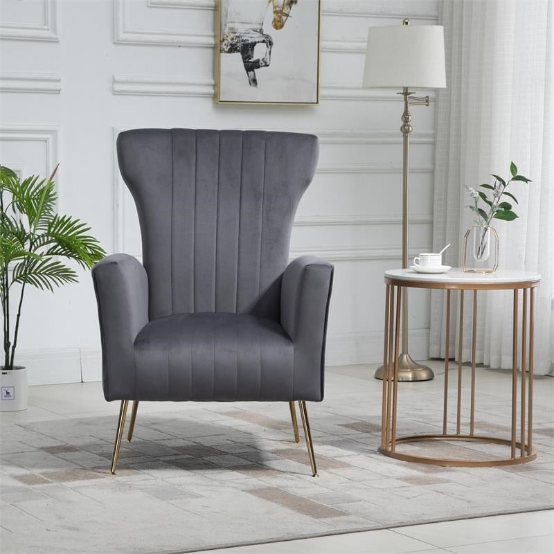 Carolina Classics Cela Gray Velvet Upholstered Wingback Chair with Gold legs