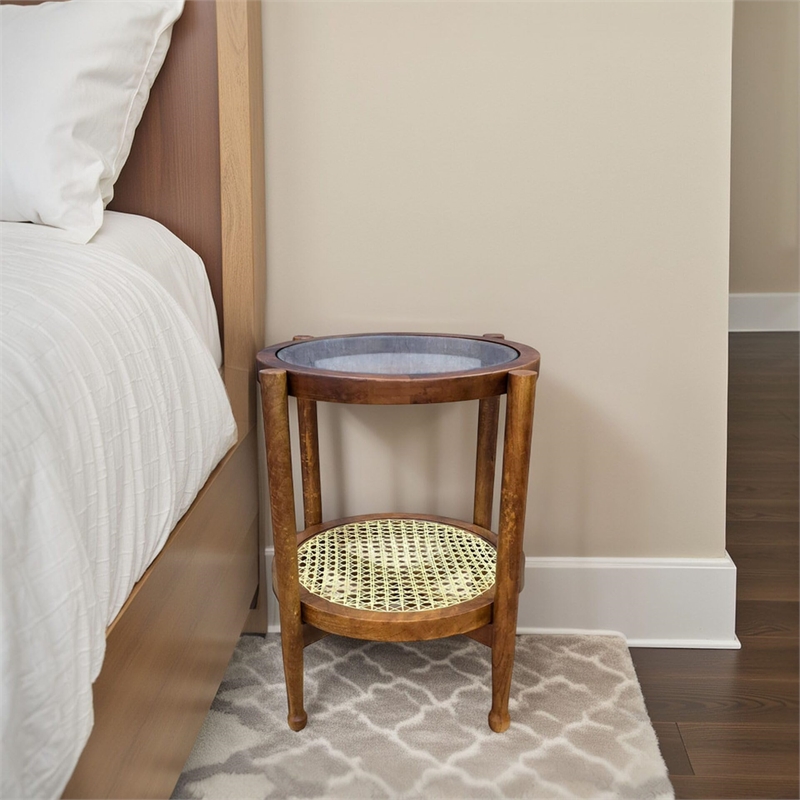 Carolina Hyacinth Glass Top Cane Bottom Side Table in Honey/Cane