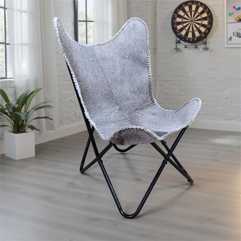 Carolina Monroe Butterfly Chair in Black Frame in Gray Hair on Hide