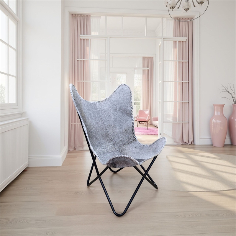 Carolina Monroe Butterfly Chair in Black Frame in Gray Hair on Hide