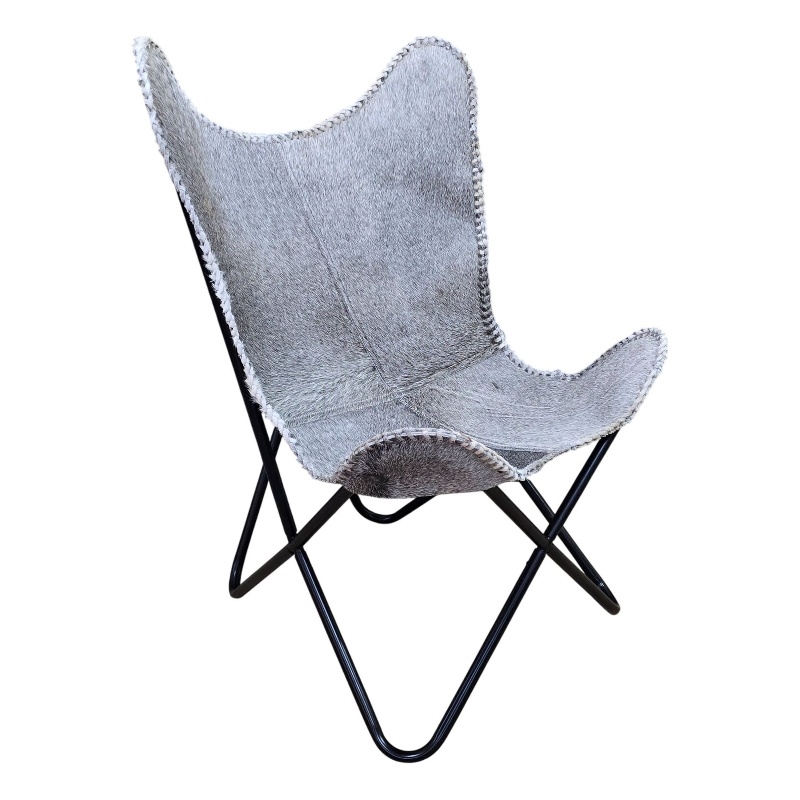 Carolina Monroe Butterfly Chair in Black Frame in Gray Hair on Hide