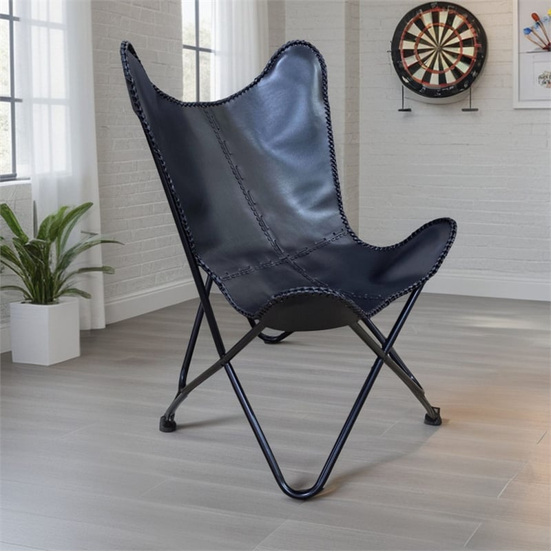 Carolina Monroe Butterfly Chair in Black Frame in Black Stitched Leather