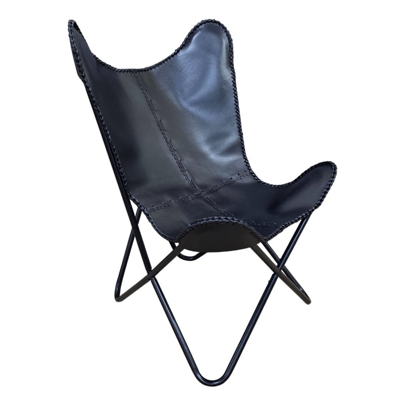 Carolina Monroe Butterfly Chair in Black Frame in Black Stitched Leather