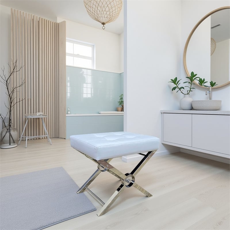 Carolina Modern X-Frame Stool in Chrome Base in White Upholstery