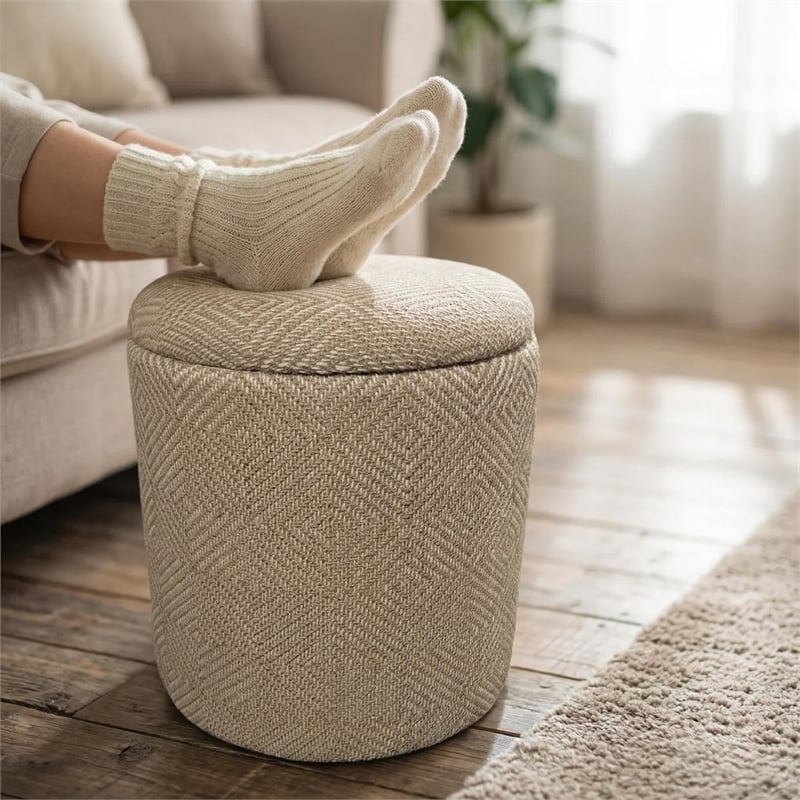 Carolina Chair & Table Round Handwoven Fabric Storage Ottoman in Natural