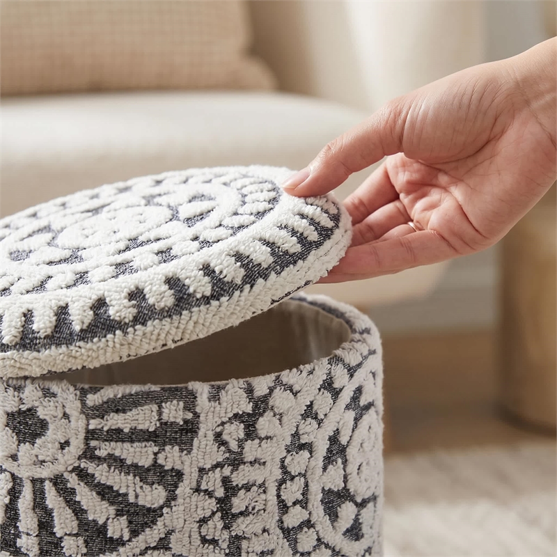Carolina Chair & Table Round Handwoven Fabric Storage Ottoman in Gray