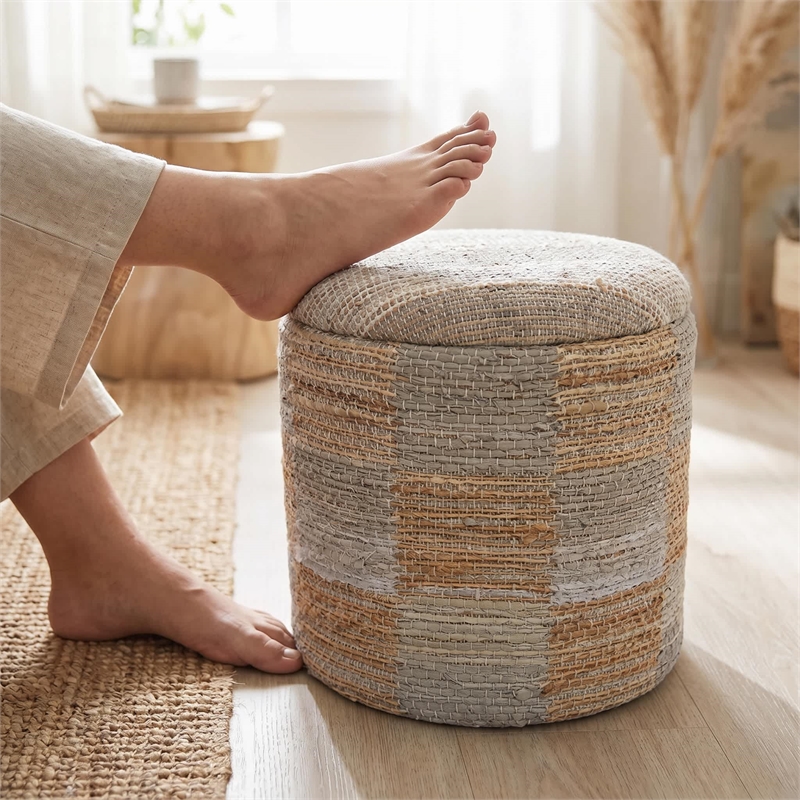 Carolina Chair & Table Round Handwoven Fabric Storage Ottoman in Yellow