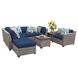 TK Classics Florence 8 Piece Wicker Sectional Set with Navy Cushions