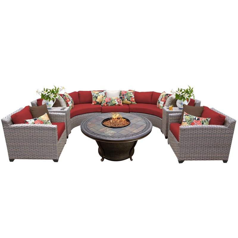 Tkc Florence 8 Piece Patio Wicker Fire Pit Sofa Set In Red