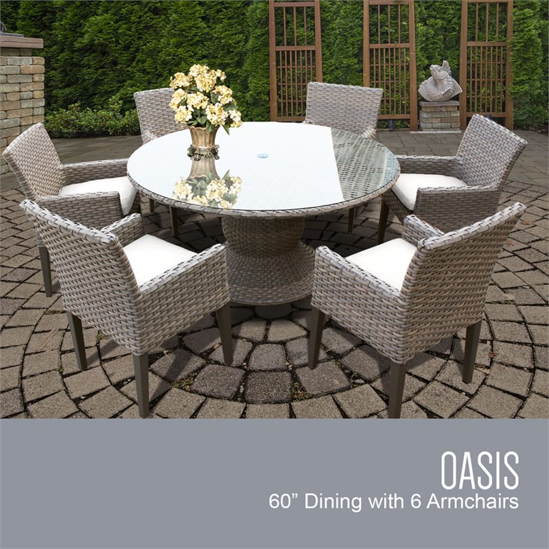 Tkc Oasis 7 Piece 60 Round Glass Top Patio Dining Set In Sail