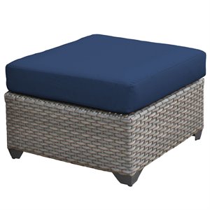 TK Classics Florence Gray Wicker Patio Square Ottoman with Navy Cushion