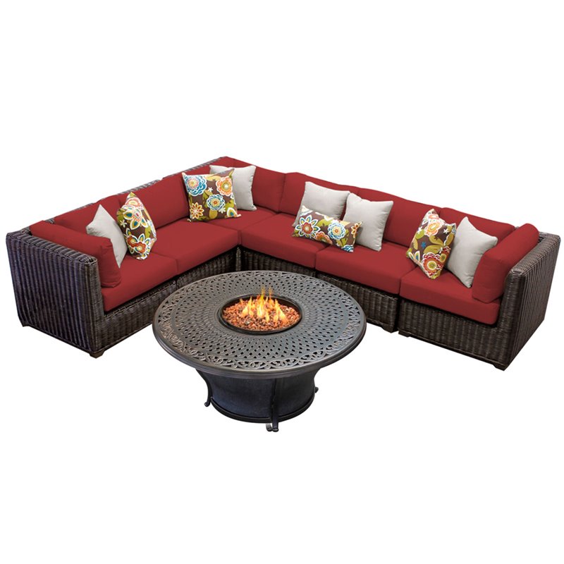 Tkc Venice 7 Piece Patio Wicker Fire Pit Sectional Set In Red