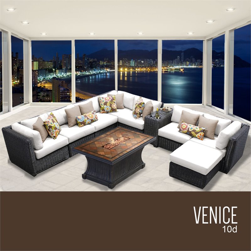 Tkc Venice 10 Piece Patio Wicker Fire Pit Sectional Set In White