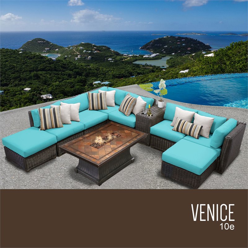 Tkc Venice 10 Piece Patio Wicker Fire Pit Sectional Set In Tkc Venice 10 Piece Patio Wicker Fire