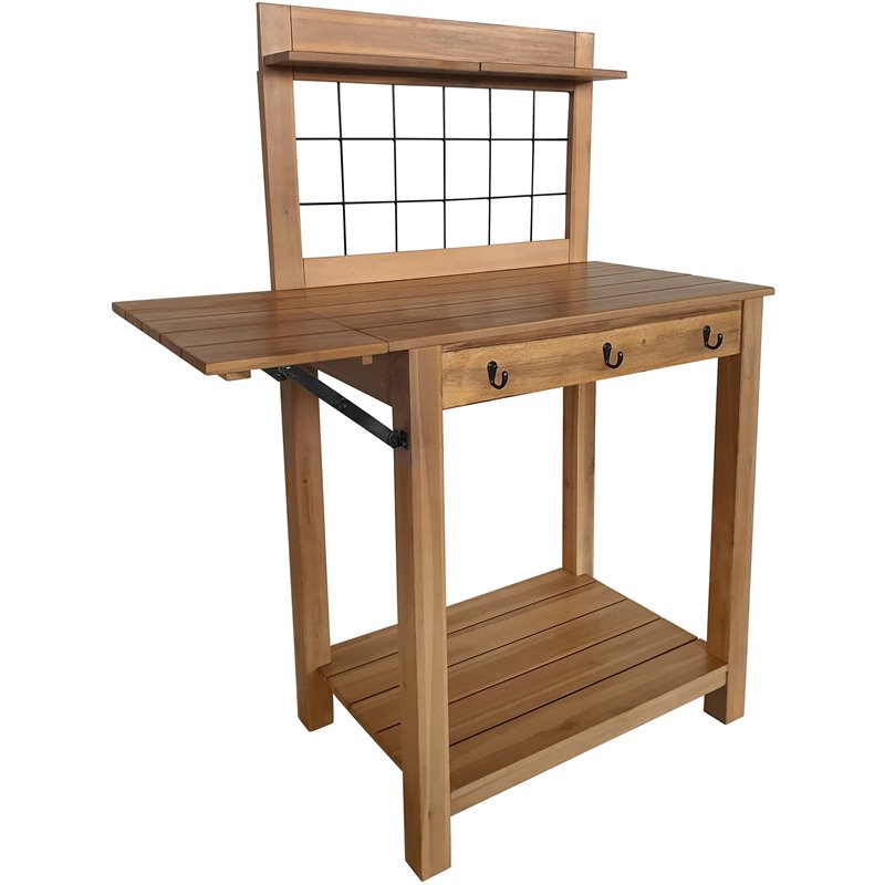 TK Classics Outdoor Acacia Wood Drop-Leaf and Slatted Shelf