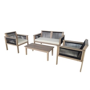 tk classics outdoor 4pc wood & rope conversation set with cushions beige/black